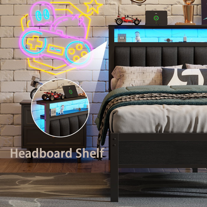 Tydimor Full Size Platforrm Bed Frame with Charging Station, LED Stand