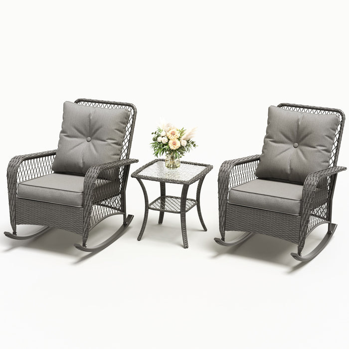 MRUAKA Outdoor Rocking Chairs Set of 3, Wicker Patio Furniture with Th