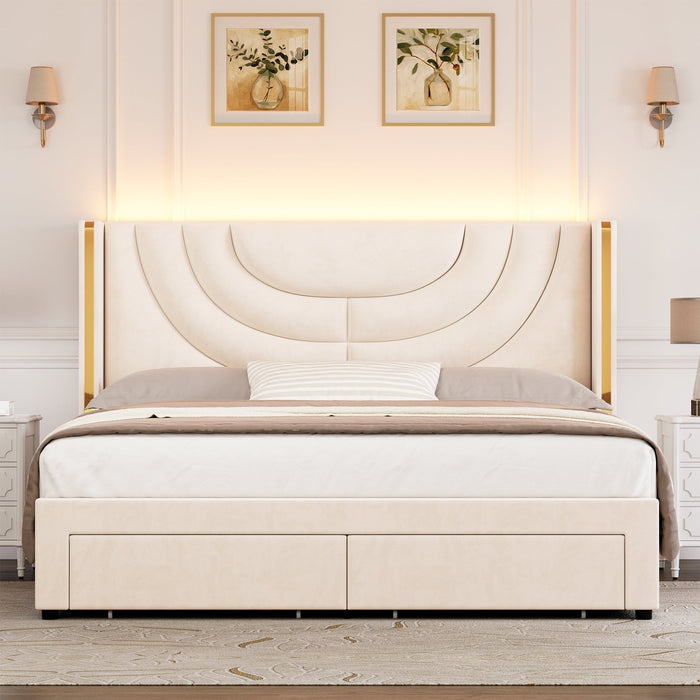 Homfa Queen Size LED Bed Frame with 2 Drawer Storage, Wingback Platfor