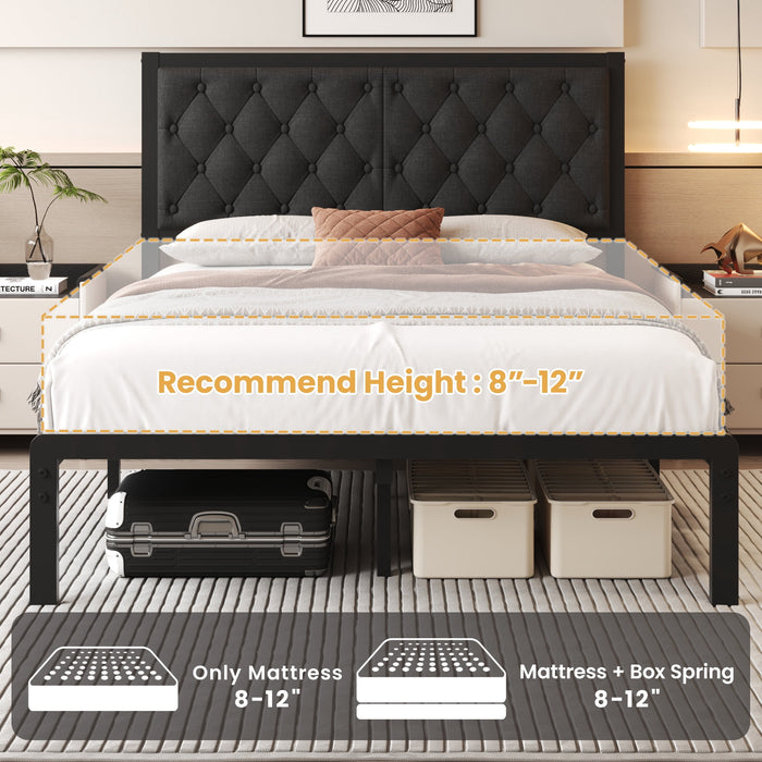Lifezone Bed Frame with Linen Upholstered Headboard, Queen, Metal Supp