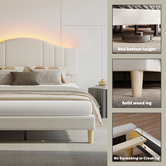 Pinmoco Queen Upholstered Bed Frame with Adjustable Arc-shaped Headboa