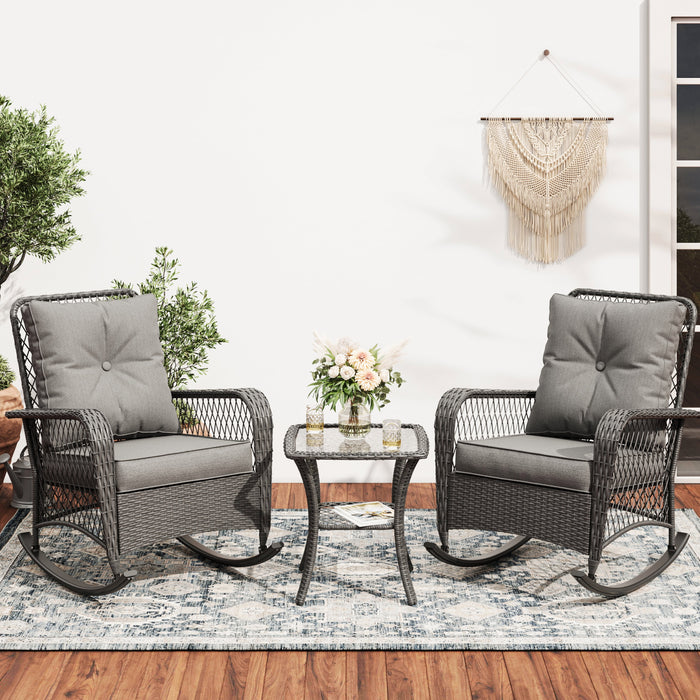 MRUAKA Outdoor Rocking Chairs Set of 3, Wicker Patio Furniture with Th