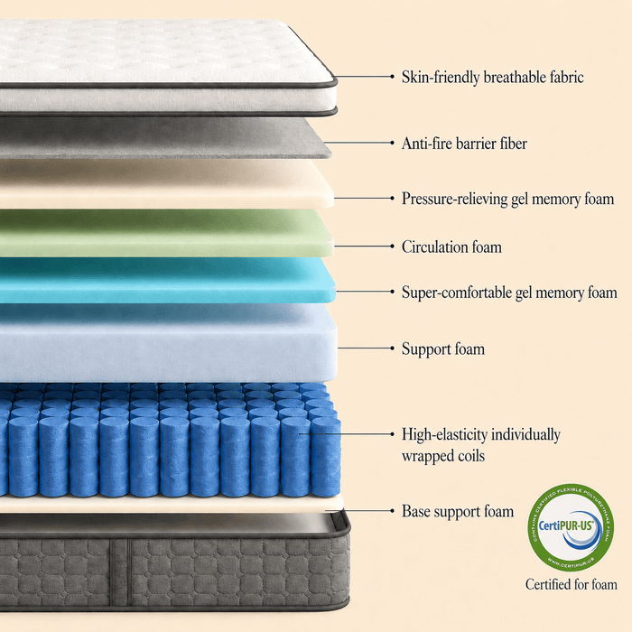 Kizreo 12 inch Hybrid Firm Twin Mattress - Cooling Gel Memory Foam in