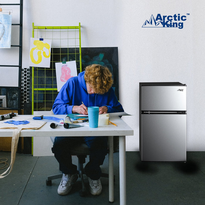 Arctic King 3.2 Cu Ft Two Door Mini Fridge With Freezer Stainless Stee