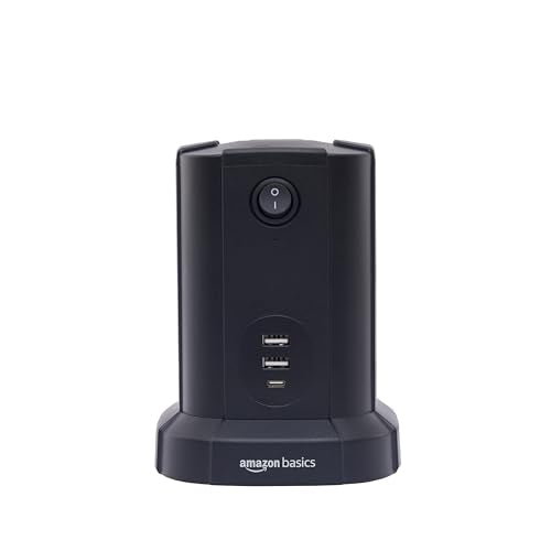 Amazon Basics Octagonal Power Strip Tower Surge Protector 1080J, 9 Outlet, USB-C, 2 USB-A Port, 15A, 6ft Cord, Black