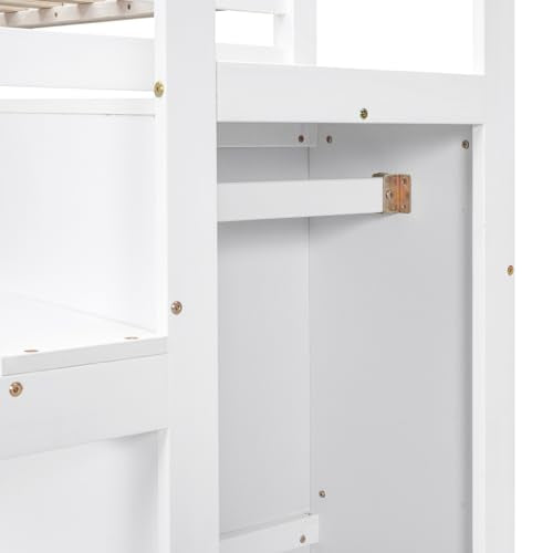 Polibi Full Size Wooden Loft Bed with Built-in Storage Wardrobe and Staircase, Multi-Functional Loft Bed with Staircase and Guardrails, No Box Spring Required, White