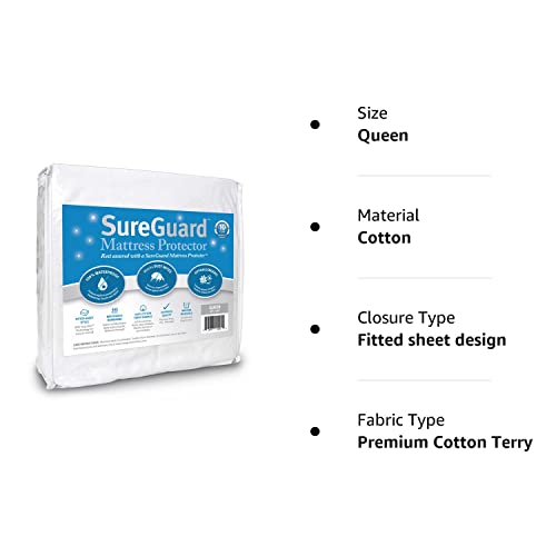 SureGuard Queen Size Mattress Protector - 100% Waterproof, Hypoallergenic - Premium Fitted Cotton Terry Cover