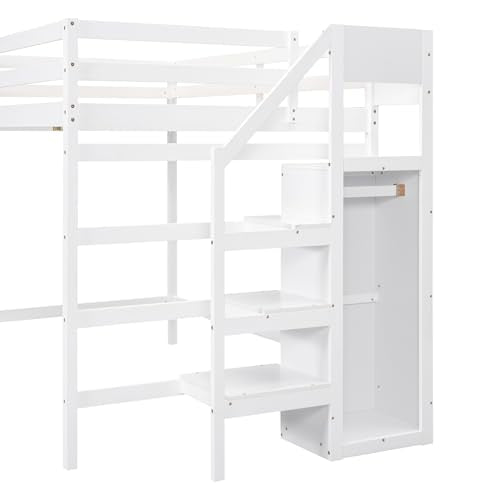 Polibi Full Size Wooden Loft Bed with Built-in Storage Wardrobe and Staircase, Multi-Functional Loft Bed with Staircase and Guardrails, No Box Spring Required, White