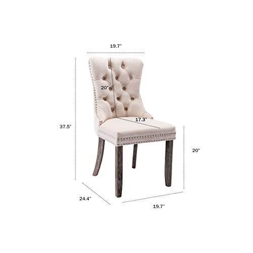Kiztir Velvet Dining Chairs Set of 6, Upholstered Dining Room Chairs with Ring Pull Trim and Button Back, Luxury Tufted Dining Chairs for Living Room, Bedroom, Kitchen (Beige)