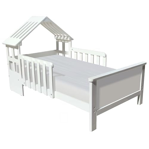 Little Partners Lil' House Toddler Bed - House Bed Design for Kids Bedroom Furniture - Children's Toddler Bed with Guard Rails, Low to Ground Modern Clean Design with Solid Wood (Soft White)