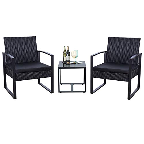 Flamaker 3 Pieces Patio Set Outdoor Wicker Patio Furniture Sets Modern Bistro Set Rattan Chair Conversation Sets with Coffee Table for Yard and Bistro (Black)
