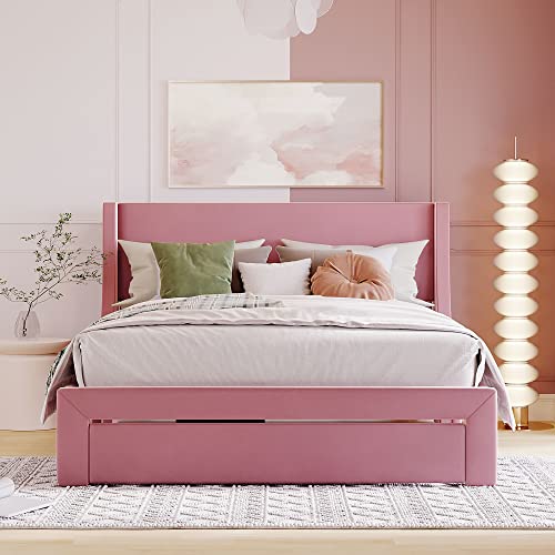 HBRR Queen Size Bed Frame with Drawer and Headboard, Velvet Upholstered Platform Bed with Wood Slats, Mattress Foundation, No Box Spring Needed, Easy Assembly, Pink