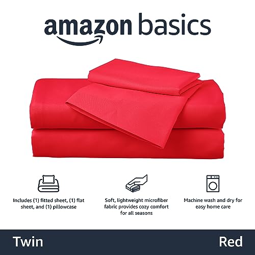 Amazon Basics Kid's Soft Easy-Wash Lightweight Microfiber 3-Piece Sheet Set, Twin, Red, Solid