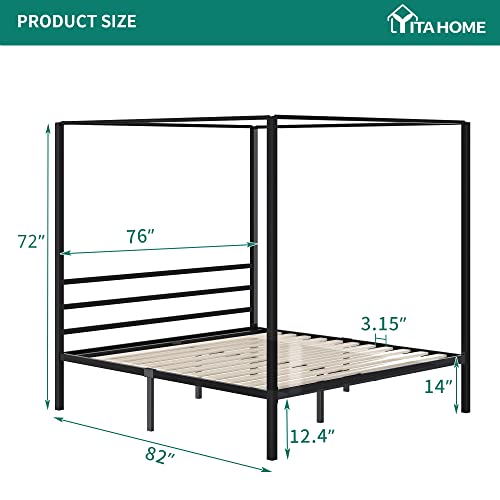 YITAHOME Black Metal 4 Poster Canopy Bed Frame with Headboard, Mattress Foundation with Wooden Slats and Steel Structure, No Box Spring Needed, Modern Adult Heavy Duty Iron Canopy Bed (King)
