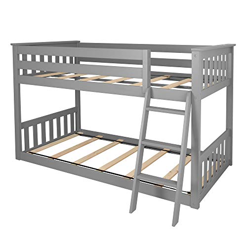 Max & Lily Low Bunk Bed, Twin-Over-Twin Wood Bed Frame For Kids, Grey