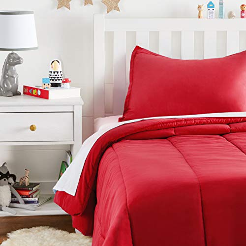 Amazon Basics 2 Piece Easy Wash Microfiber Kid's Comforter and Pillow Sham Set, Twin, Red, Solid