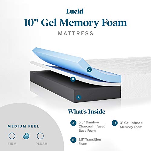 LUCID 10 Inch Memory Foam Medium-Plush - Gel Infusion – Hypoallergenic Bamboo Charcoal- Twin Size Mattress, White