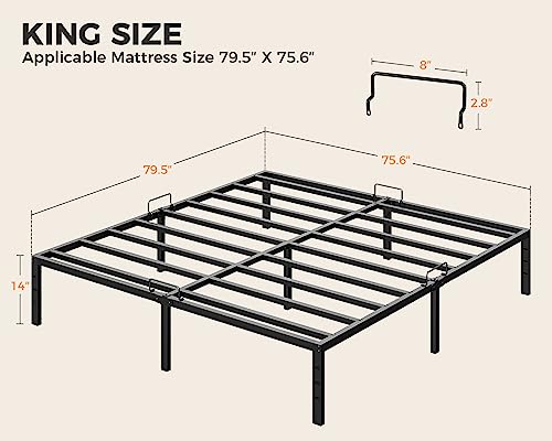 KKL King Size Bed Frame, Heavy Duty Steel Platform Bed Frames with Mattress Retainer Bar, 14 Inch Storage Space Beneath Bed, No Box Spring Needed, Easy Assembly, Noise Free