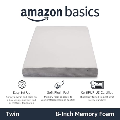 8 Inch Soft Amazon Basics Memory Foam Mattress, Soft Plush Feel, 8 Inch, Twin, Whi