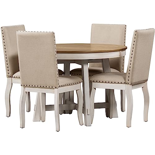 Merax Dining Table Set for 4, Wood Round Extendable Dining Table and 4 Upholstered Dining Chairs, Oak Natural Wood+Antique White