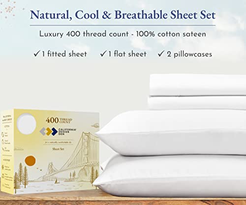 California Design Den 100% Cotton Sheets for Queen Size Bed, 400 Thread Count Sateen, Soft, Breathable and Cooling Sheets, 4 Piece Queen Sheet Set, Deep Pocket Bed Sheets Queen (Bright White Sheets)