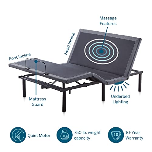 Lucid L600 Adjustable Bed Frame-Bluetooth-Companion App-Head and Foot Incline-Massage-Under Bed Lighting-Dual USB Ports - Queen Adjustable Bed Frame