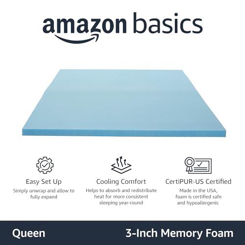 Amazon Basics Cooling Gel-Infused Memory Foam Mattress Topper, CertiPUR-US Certified, 3 Inches(80 x 60 x 3 inches), Queen