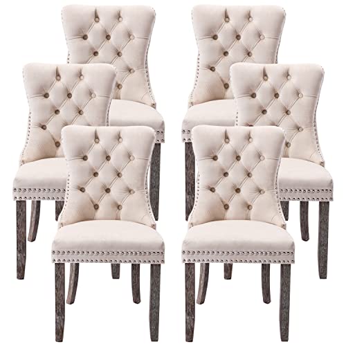 Kiztir Velvet Dining Chairs Set of 6, Upholstered Dining Room Chairs with Ring Pull Trim and Button Back, Luxury Tufted Dining Chairs for Living Room, Bedroom, Kitchen (Beige)