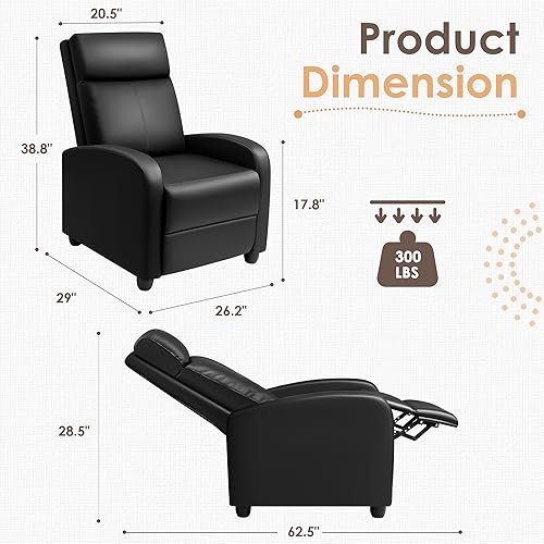 GUNJI Recliner Chair for Adults Modern PU Leather Adjustable Reclining Chair for Living Room Home Theater Seating with Footrest (Black)