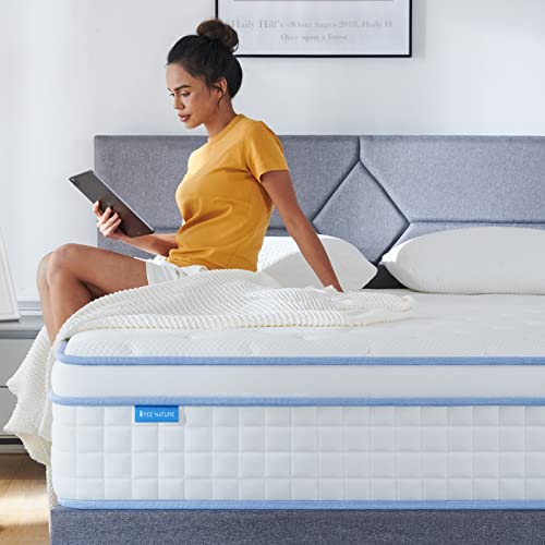 IYEE NATURE Queen Mattresses, 12 Inch Queen Size Hybrid Mattress Individual Pocket Springs with Foam,Queen Bed in a Box with Breathable and Pressure Relief,Medium Plush,Bule