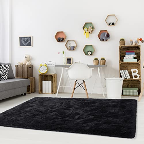 Noahas Fluffy Bedroom Rug Carpet,4x5.3 Feet,Shaggy Fuzzy Rugs for Bedroom,Soft Rug for Kids Room,Plush Nursery Rug for Baby,Thick Black Area Rugs for Living Room,Cute Room Decor for Girls Boys