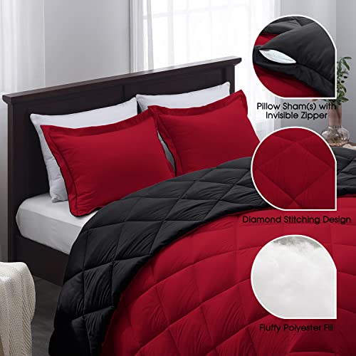 Basic Beyond Down Alternative Comforter Set (Queen, Black/Red) - Reversible Bed Comforter with 2 Pillow Shams for All Seasons