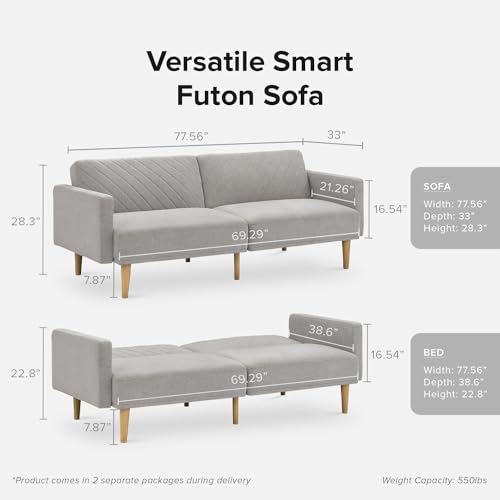 mopio Chloe Futon Sofa Bed, 77.5", Couch, Small Sofa, Sleeper Sofa, Loveseat, Mid Century Modern Futon Couch, Sofa Cama, Couches for Living Room (Light Gray Fabric, Futon)