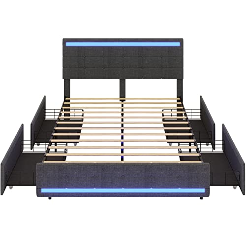 ADORNEVE LED Full Size Bed Frame with Storage Drawers, Platform Bed Frame with 2 USB Ports, Upholstered Bed with LED Lights Headboard Footboard, Square Stitched Button Tufted Design, Dark Grey