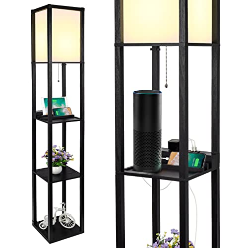 3-in-1 Shelf Floor Lamp with 2 USB Ports and 1 Power Outlet, 3-Tiered