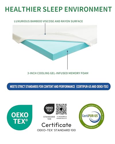 3 Inch Gel Infused Memory Foam Mattress Topper Queen Size, High Density Cooling Ventilated Design Memory Foam Bed Toppers-Ultra Plush Mattress Toppers with Bamboo Cover
