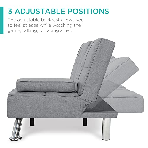 Best Choice Products Linen Upholstered Modern Convertible Folding Futon Sofa Bed for Compact Living Space, Apartment, Dorm, Bonus Room w/Removable Armrests, Metal Legs, 2 Cupholders - Gray