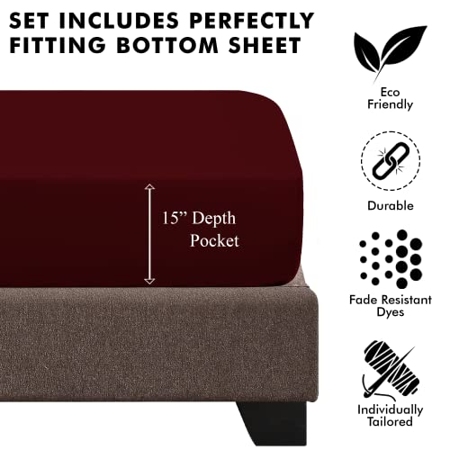 URBANHUT 1000 Thread Count 100% Egyptian Cotton King Size Sheets Set Quality (4Pc), Luxury Bed Sheets for King Size Bed, Sateen Weave Hotel Sheets, 16" Elasticized Deep Pocket - Burgundy
