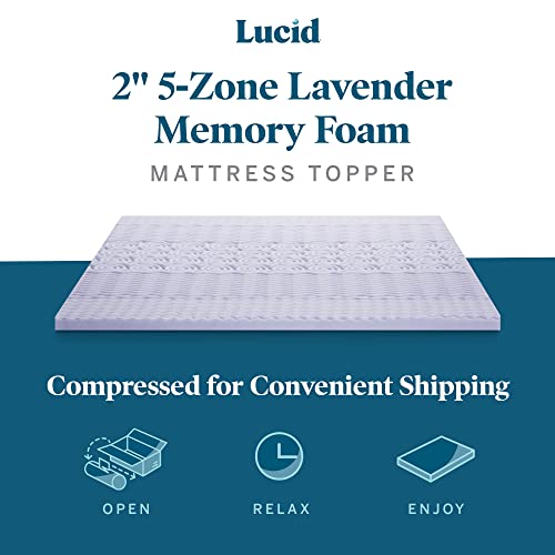 LUCID 2 Inch Mattress Topper Queen - Memory Foam Mattress Topper Queen - 5 Zone Gel Infusion - CertiPur Certified Foam - Twin XL Size - Dorm Room Essentials