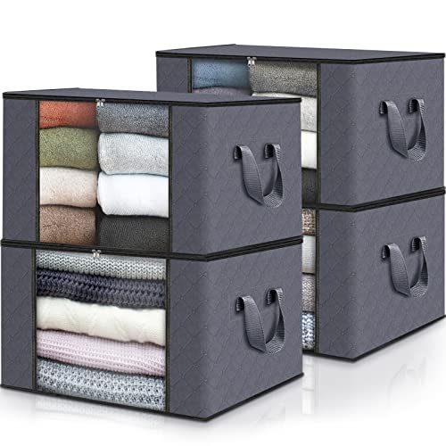 Fab totes 4-Pack Clothes Storage, Foldable Blanket Storage Bags, Storage Containers for Organizing Bedroom, Closet, Clothing, Comforter, Organization and Storage with Lids and Handle, Grey