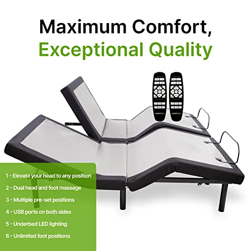 GhostBed Adjustable Bed Frame & Power Base with Wireless Remote - Zero Gravity & Massage Settings, USB Ports, Split King