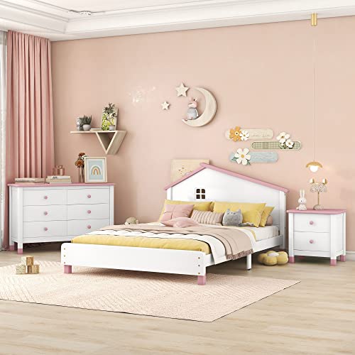 CITYLIGHT 3 Pieces Full Bedroom Sets, Full Size House Platform Bed with Headboard, 6 Drawer Dresser and One Nightstand, Storage Bedroom Furniture Sets (White + Pink)