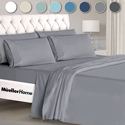 Mueller Ultratemp Bed Sheets Set, Super Soft 1800 Thread Count Egyptian 18-24 Inch Deep Pocket Sheets, Transfers Heat, Breathes Better, Hypoallergenic, Wrinkle, 6Pc, Light Gray King