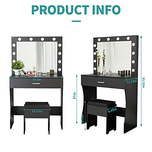Titoni Vanity Set with Lighted Mirror, Makeup Vanity Table with Lights, Vanity Desk for Bedroom Lots Storage Makeup Desk Black