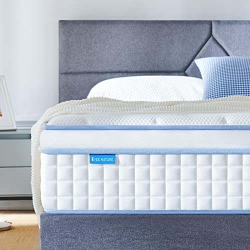 IYEE NATURE Queen Mattresses, 12 Inch Queen Size Hybrid Mattress Individual Pocket Springs with Foam,Queen Bed in a Box with Breathable and Pressure Relief,Medium Plush,Bule