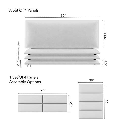 Vänt Upholstered Wall Panels - Queen/Full Size Wall Mounted Headboards - Vintage Leather White Dove - Pack of 4 Panels (Each Individual Panel 30"x11.5")