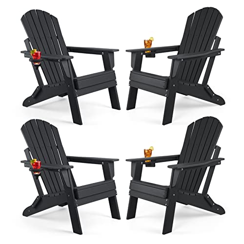 FUNBERRY Folding Adirondack Chair Set of 4, Fire Pit Chairs, Plastic Adirondack Chairs Weather Resistant with Cup Holder, Composite Adirondack Chairs