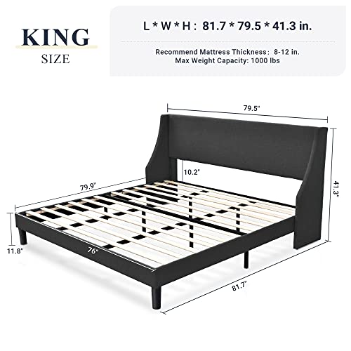 Allewie King Size Bed Frame, Platform Bed Frame with Upholstered Headboard, Modern Deluxe Wingback, Wood Slat Support, Mattress Foundation, Dark Grey