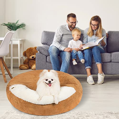 MICOOYO Covered Dog Bed Large - Donut Camling Dog Beds for Large Dogs with Hooded Blankets, Round Cuddler Pet Beds for Puppy Cats Washable (Khaki, 30")