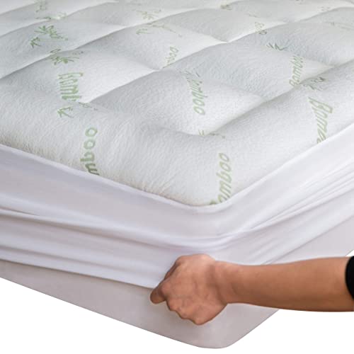 Bamboo Mattress Topper Queen with 1 Pillow Protector Cooling Pillow Top Mattress Protector Cover Pad Fits 8-20 Inches Deep Mattresses Pad Breathable Extra Plush Thick Extra Deep Fitted 20 Inches